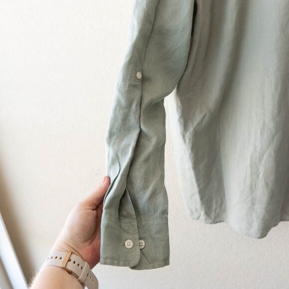 Caribbean Size XL Sage Green 100% Linen Button Up Roll Tab Shirt - Picture 10 of 12